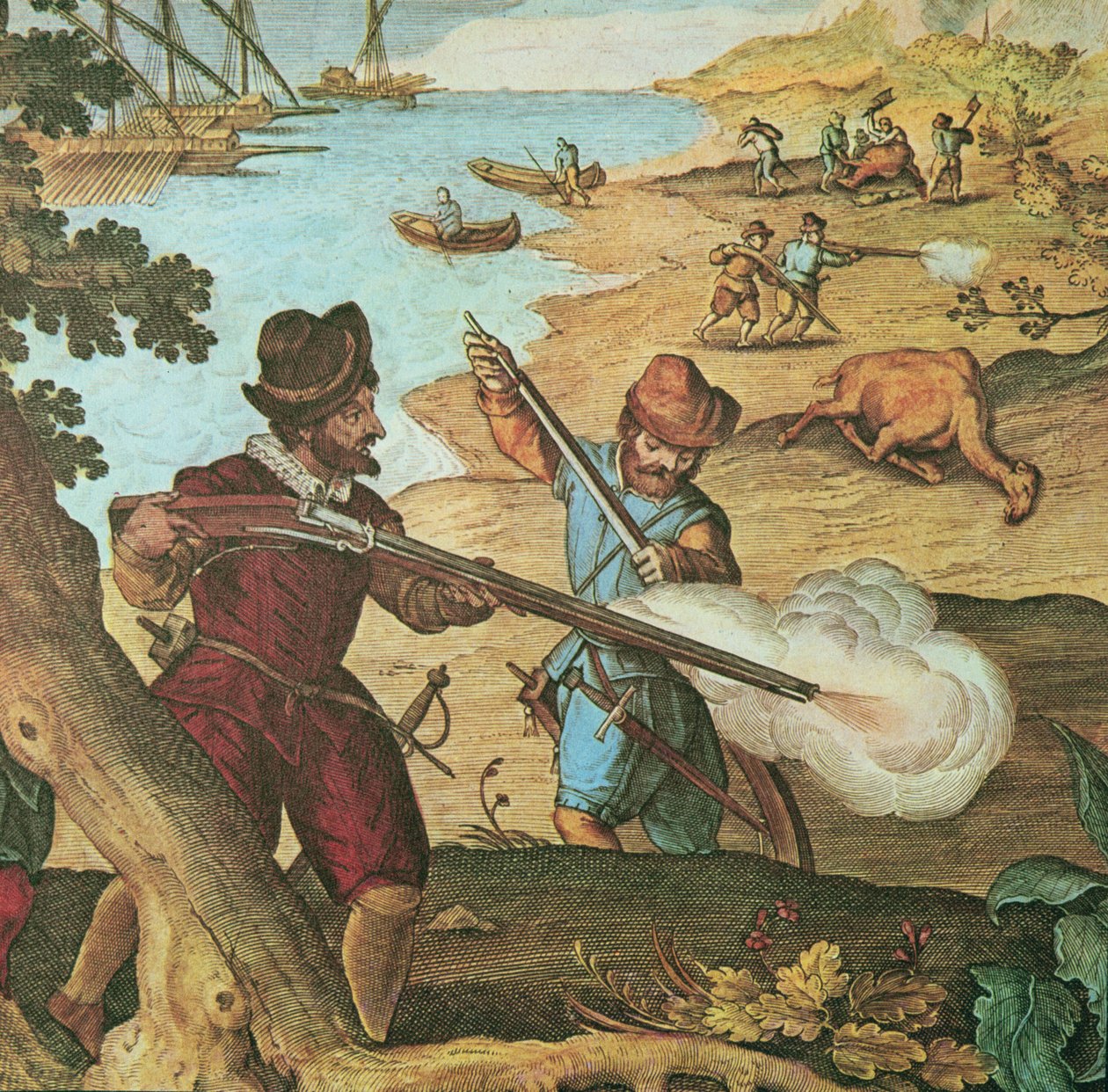 Holandští námořníci vyzbrojení mušketami se zápalkami, střílející na velbloudy, aby doplnili zásoby svých plavidel (ručně barevná rytina) od English School