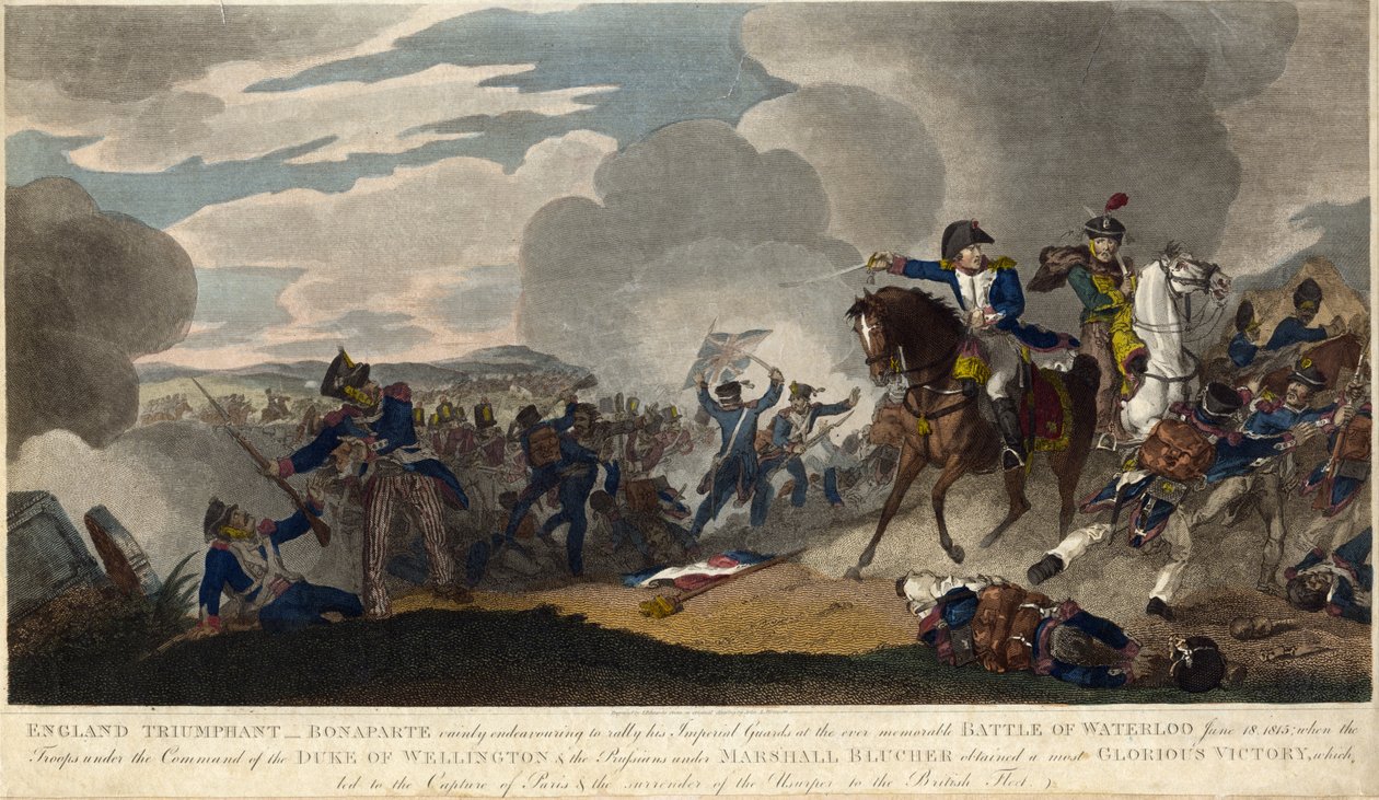 ANGLICKÝ TRIUMPHANT. Napoleon se pokouší shromáždit císařskou gardu v bitvě u Waterloo, c. 1815 (rytina) od English School