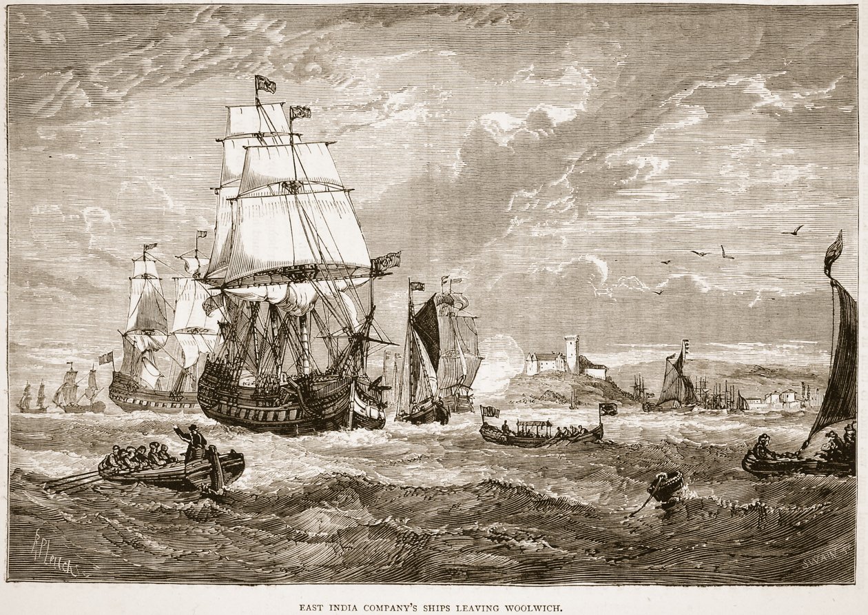 Lodě Východoindické společnosti opouštějící Woolwich, ilustrace z Cassell