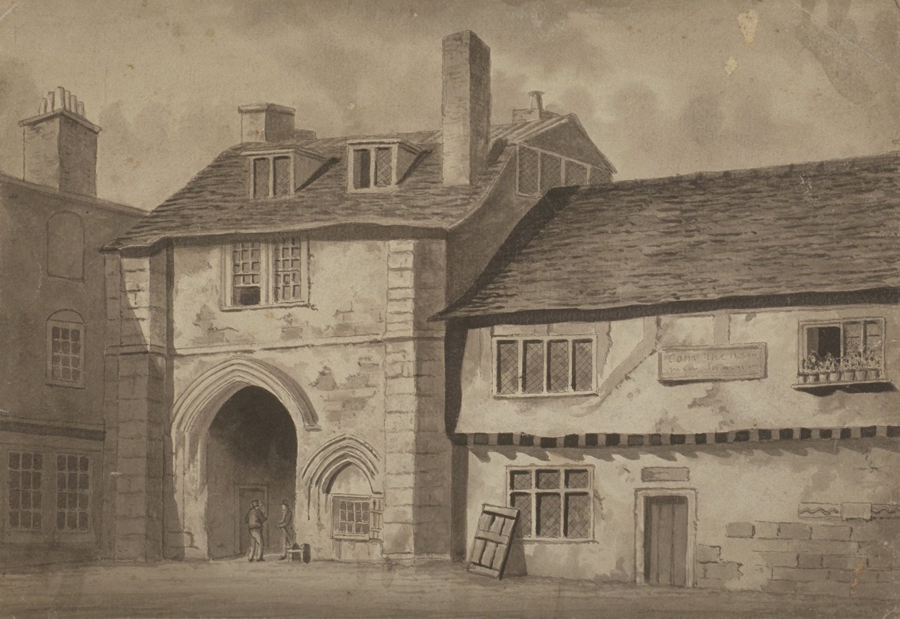 Východní pohled na bránu do opatství St Saviour, Bermondsey, kolem roku 1825 (pero, tužka a mytí na papíře) od English School