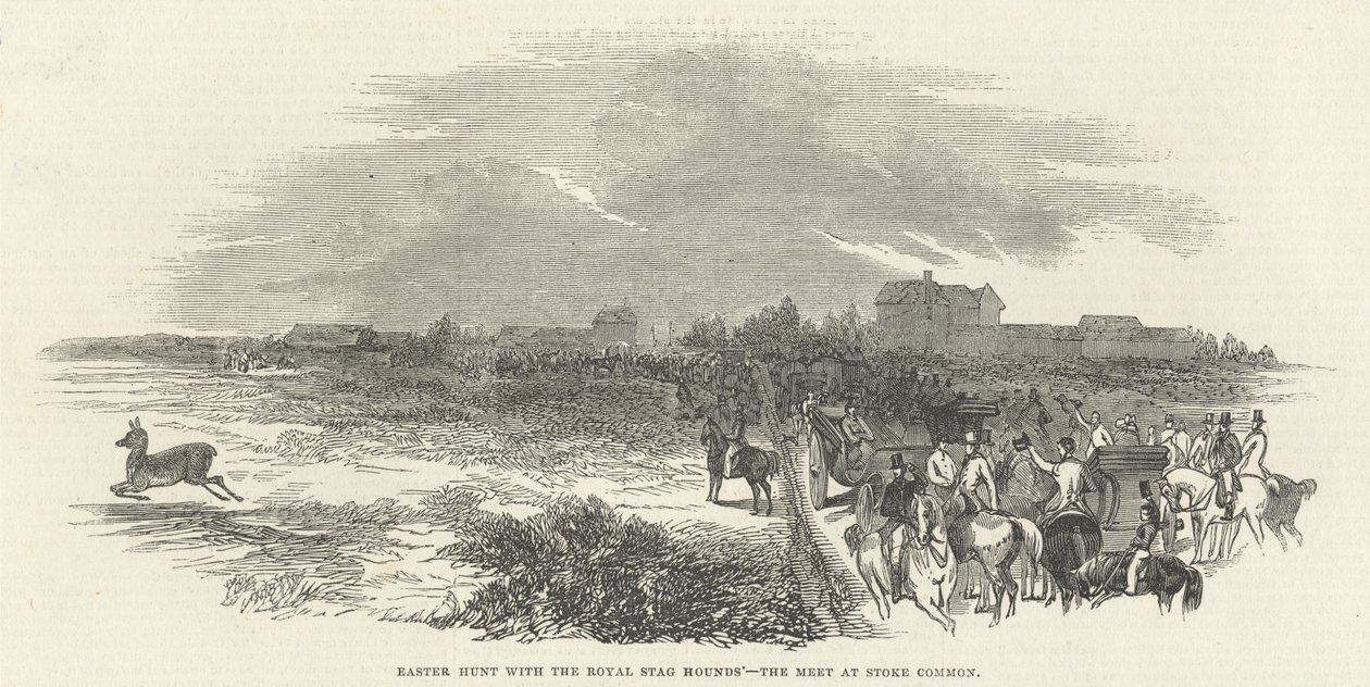 Easter Hunt with the Royal Stag Hounds: the Meet at Stoke Common, z „The Illustrated London News“, 29. března 1845 od English School