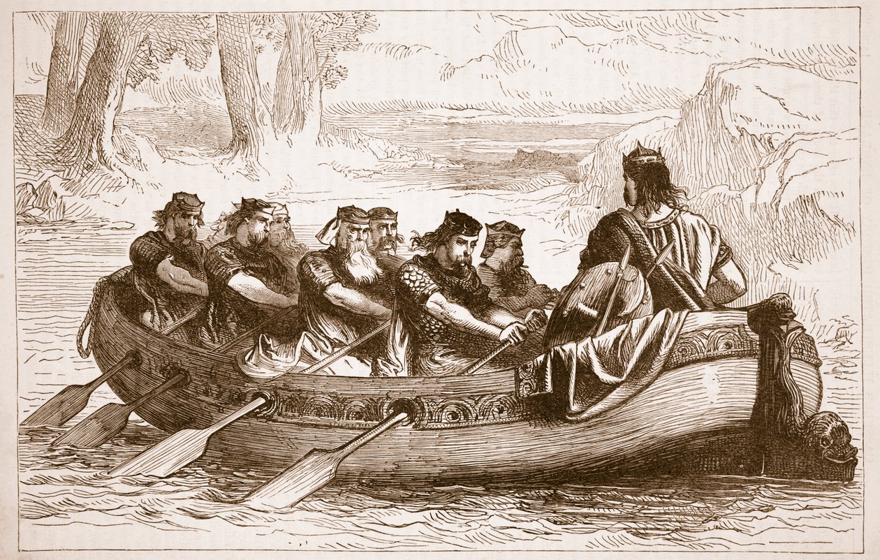 Edgar Tichý vesluje po řece Dee s osmi přítokovými knížaty, ilustrace z Cassells Illustrated History of England (sépiová fotografie) od English School