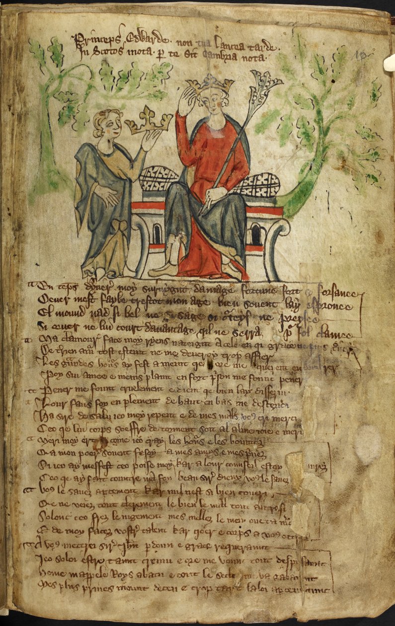 Edward II seděl na trůnu, s žezlem v levé ruce a pravou rukou se dotýkal jeho koruny. Malá postava (možná zosobnění Walesu) mu nabízí další korunu (pravděpodobně Skotská koruna). Předpokládá se, že druhá postava je od English School