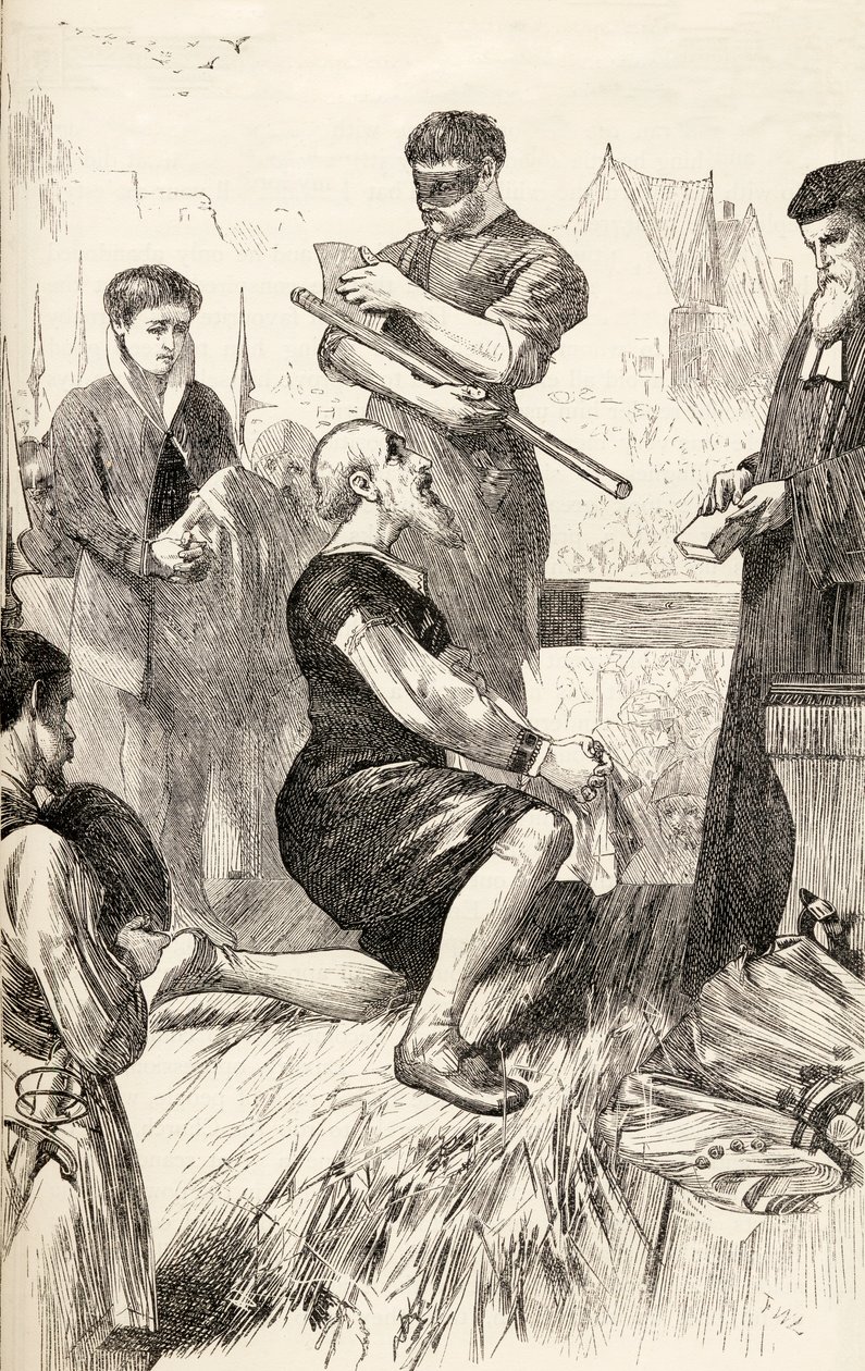 Edward Seymour na lešení čekající na svou popravu, kolem roku 1865 (dřevoryt) od English School