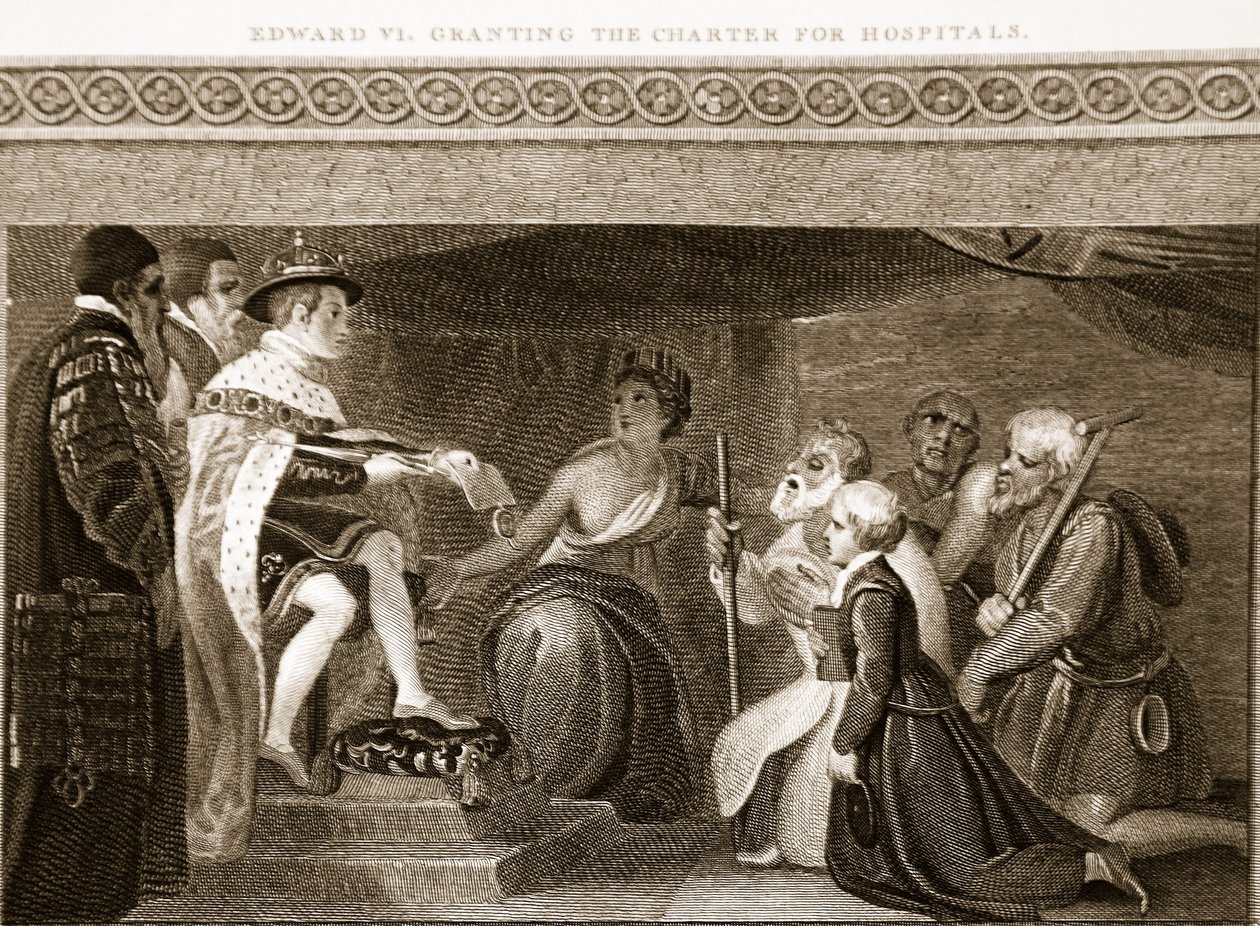 Edward VI udělování Charty pro nemocnice, ilustrace od Davida Humese Historie Anglie, pub. od R. Bowyera, Londýn, 1812 88: od English School