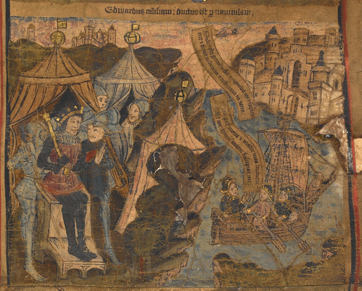 Edward z Yorku spolu s hrabaty ze Salisbury a Warwickem vypluli do Calais po bitvě u Ludford Bridge. Král Jindřich VI. triumfálně přihlíží, ilustrace z „Typologického života a genealogie Edwarda IV.“, kolem 1460-70 (vellum) od English School