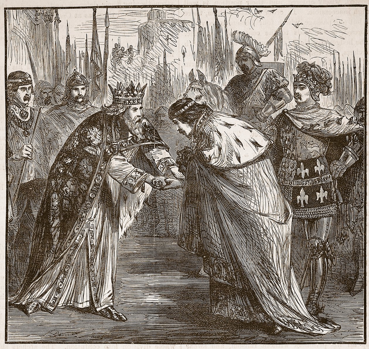 Eduard přijímá francouzského krále Jana, ilustrace z Cassells Illustrated History of England (sépiová fotografie) od English School