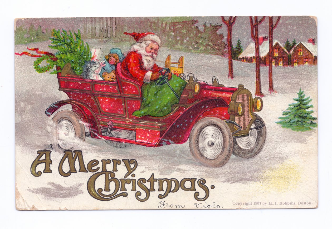 Edvardovská vánoční pohlednice Otec Christma jedoucí v historickém autě po sněhu, cca 1910 (barevná litografie) od English School