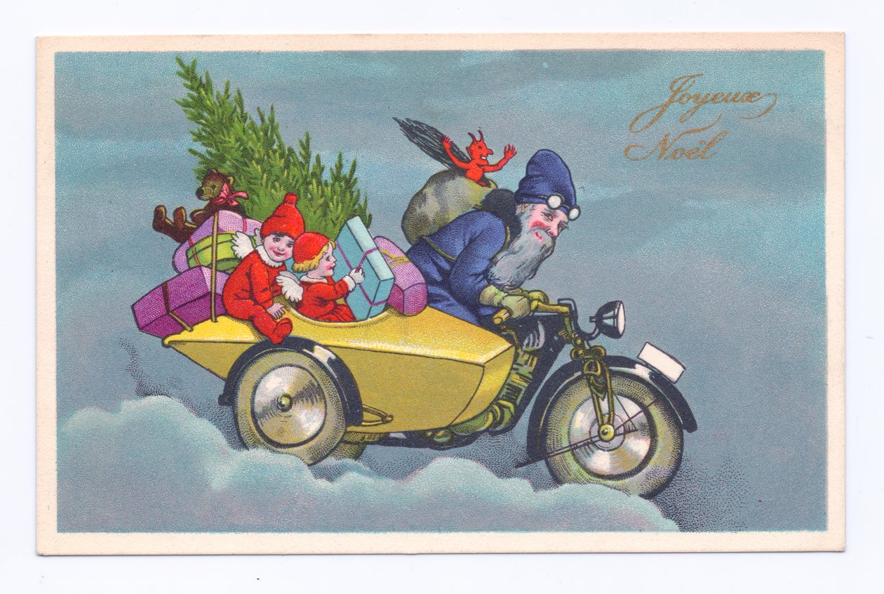 Edvardovská vánoční pohlednice Otce Vánoc na historickém motocyklu se sidecarem s dětmi a dárky, cca 1910 (barevná litografie) od English School