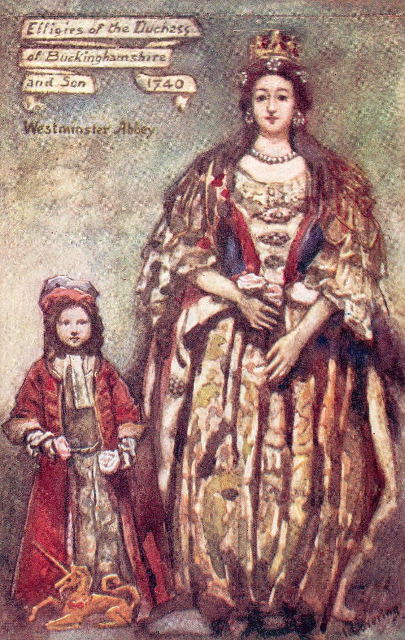 Podobizny vévodkyně z Buckinghamu a jejího syna ve Westminsterském opatství (barevná litografie) od English School