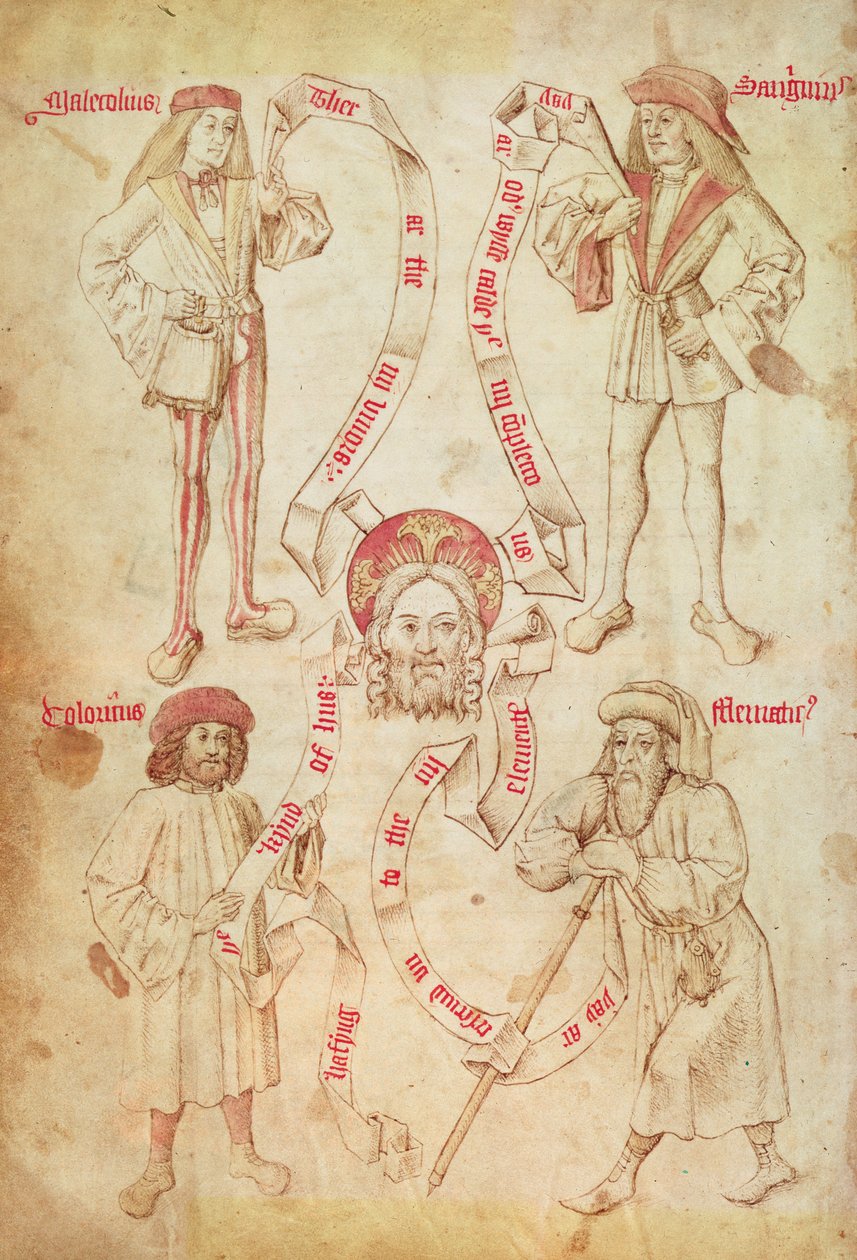 Např. 2572 f.51v The Four Humours, z Cechovní knihy holičských chirurgů z Yorku (vellum) od English School
