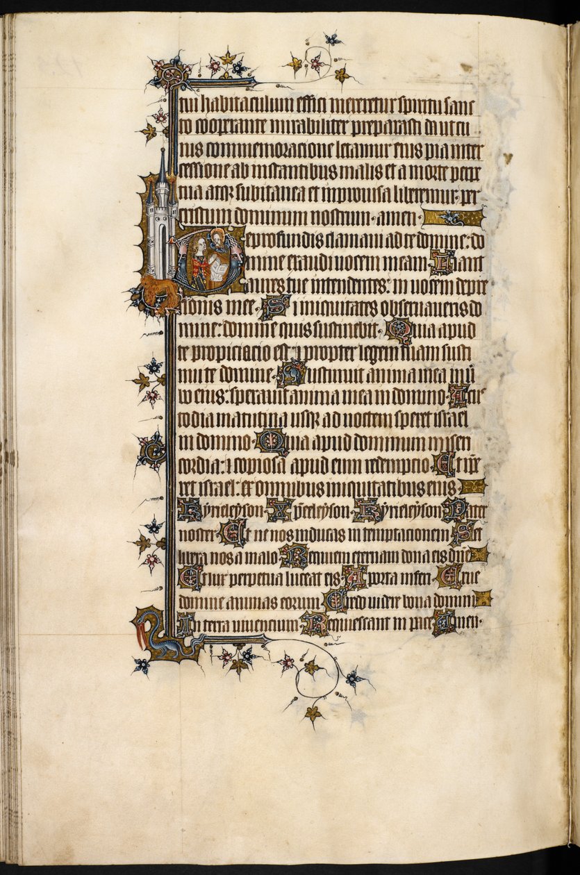 Egerton MS 3277, f.131v, bohuňská paní při modlitbě, s okrajovým lvem a zámkem, z 