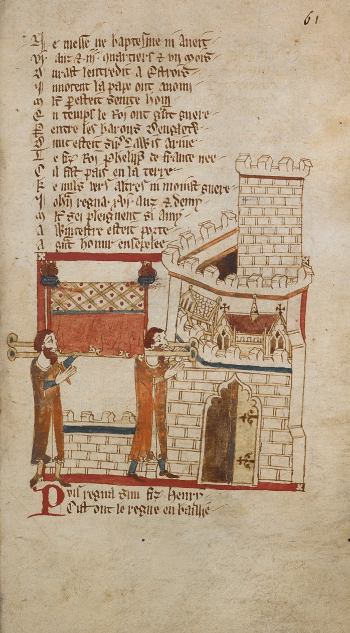 Egerton Ms 3028 f.061r Tělo krále Jana bylo převezeno do katedrály ve Worcesteru k pohřbu, ilustrace z „Romances in French Verse...“ od Roberta Wace, kanovníka z Bayeux (vellum) od English School