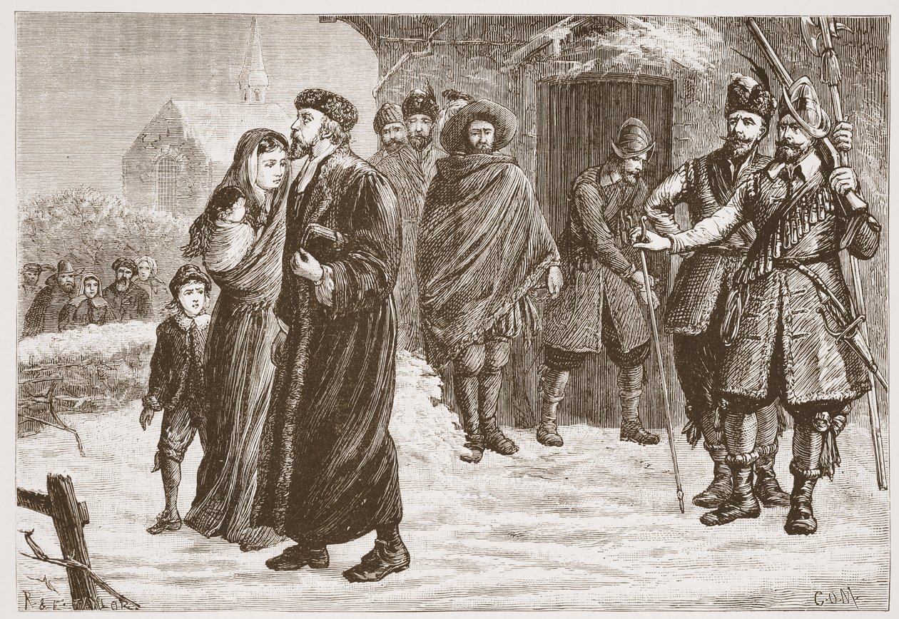 Vyhození maďarského protestantského pastora v zimním období, ilustrace z Historie protestantismu od Jamese Aitkena Wylie (1808-1890), hospoda. 1878 od English School