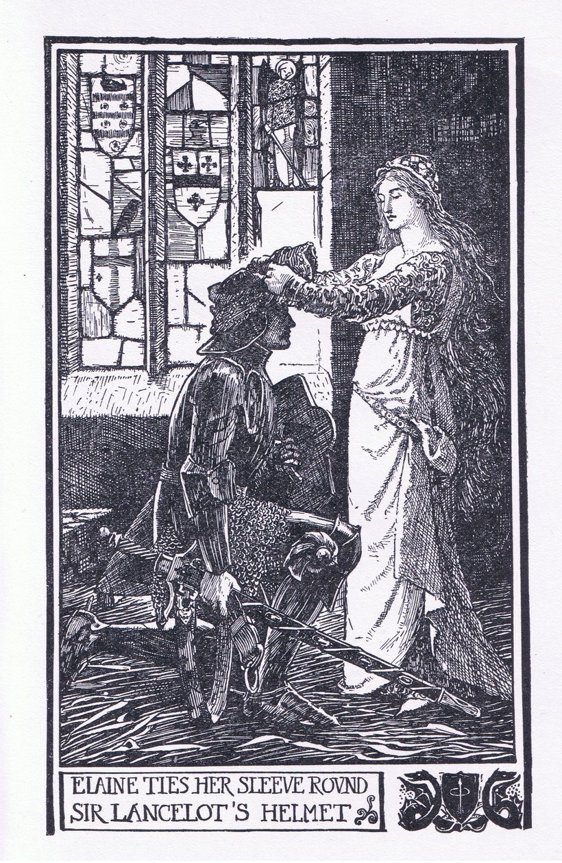 Elaine spojuje rukáv kolem helmy sira Lancelota, ilustrace z „Kniha romantiky“ vydaná společností Longmans Green and Co od English School