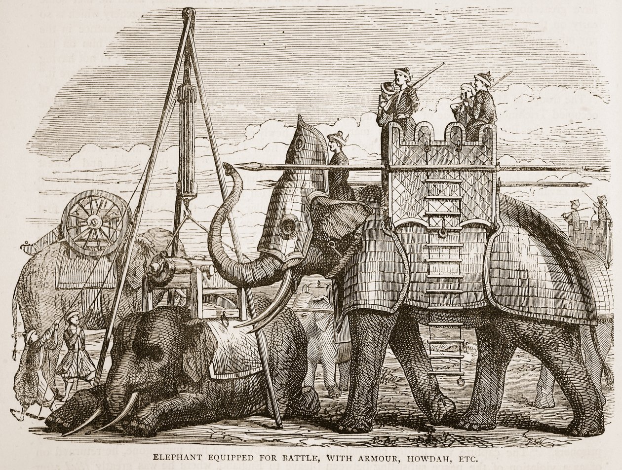 Slon vybavený pro bitvu, s brněním, howdah atd., ilustrace z Cassells Illustrated History of India od Jamese Granta, hospoda. 1879 od English School