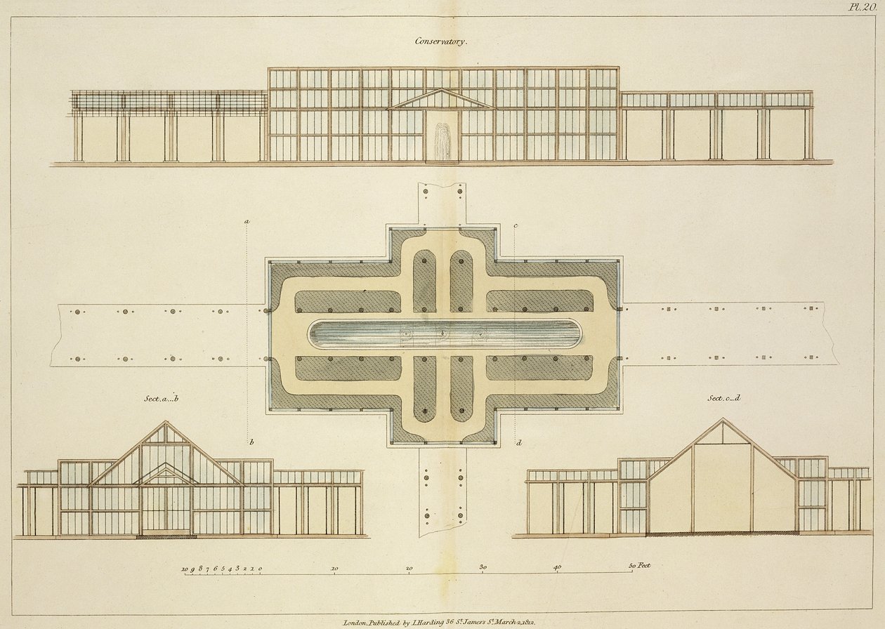 Nárysy a půdorys skleníku, z Hints on Formation of Gardens and Pleasure Grounds od Johna Claudia Loudona (1783-1843) vydaného 1812 od English School