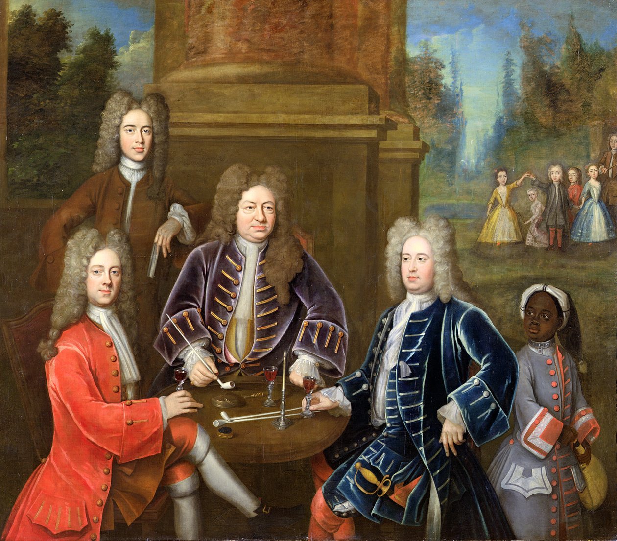 Elihu Yale (1648-1721), druhý vévoda z Devonshire, Lord James Cavendish, pan Tunstal a Page, kolem roku 1708 od English School