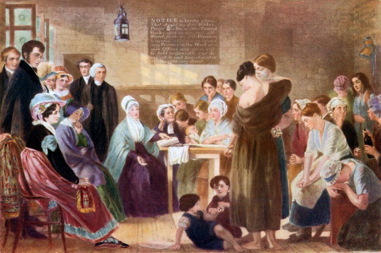 Elizabeth Fry při návštěvě věznice Newgate (barevná litografie) od English School