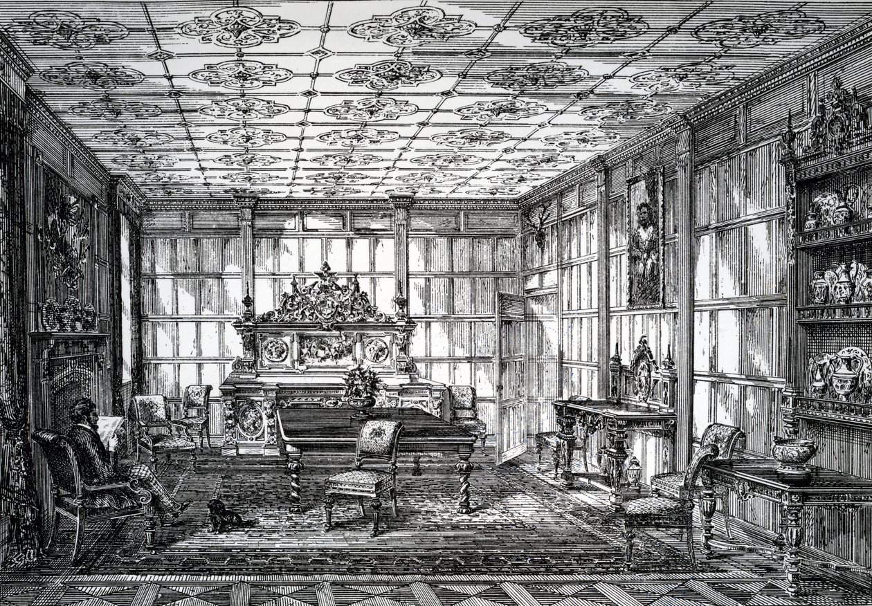 Elizabethan Dining Room, publikovaná v The House-Furnisher & Decorator, 1. října 1872 od English School
