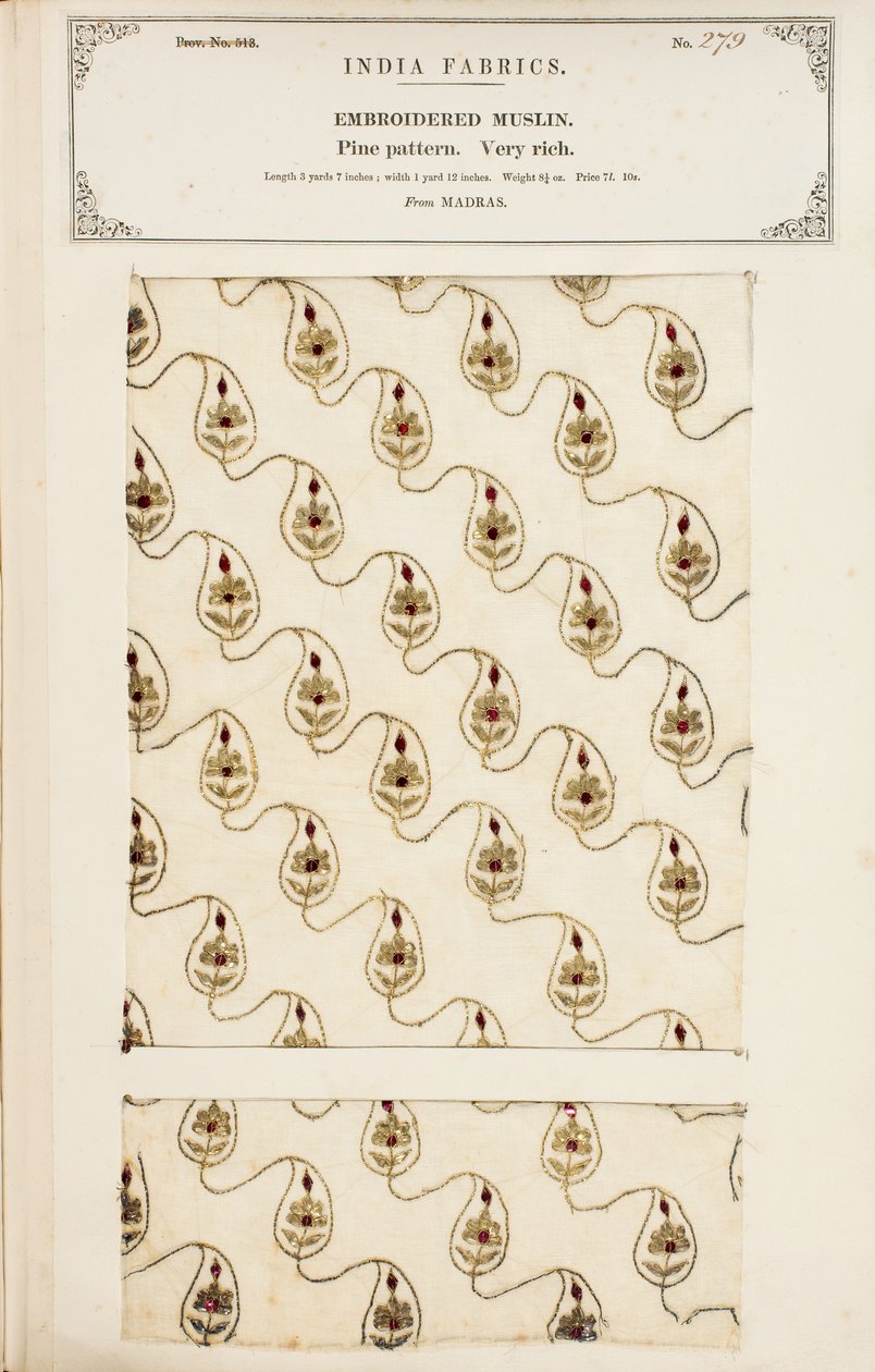 Vzorek vyšívaného mušelínu z Madrásu ze Sbírky indických textilních výrobců od Johna Forbese Watsona, vydané v roce 1866. od English School