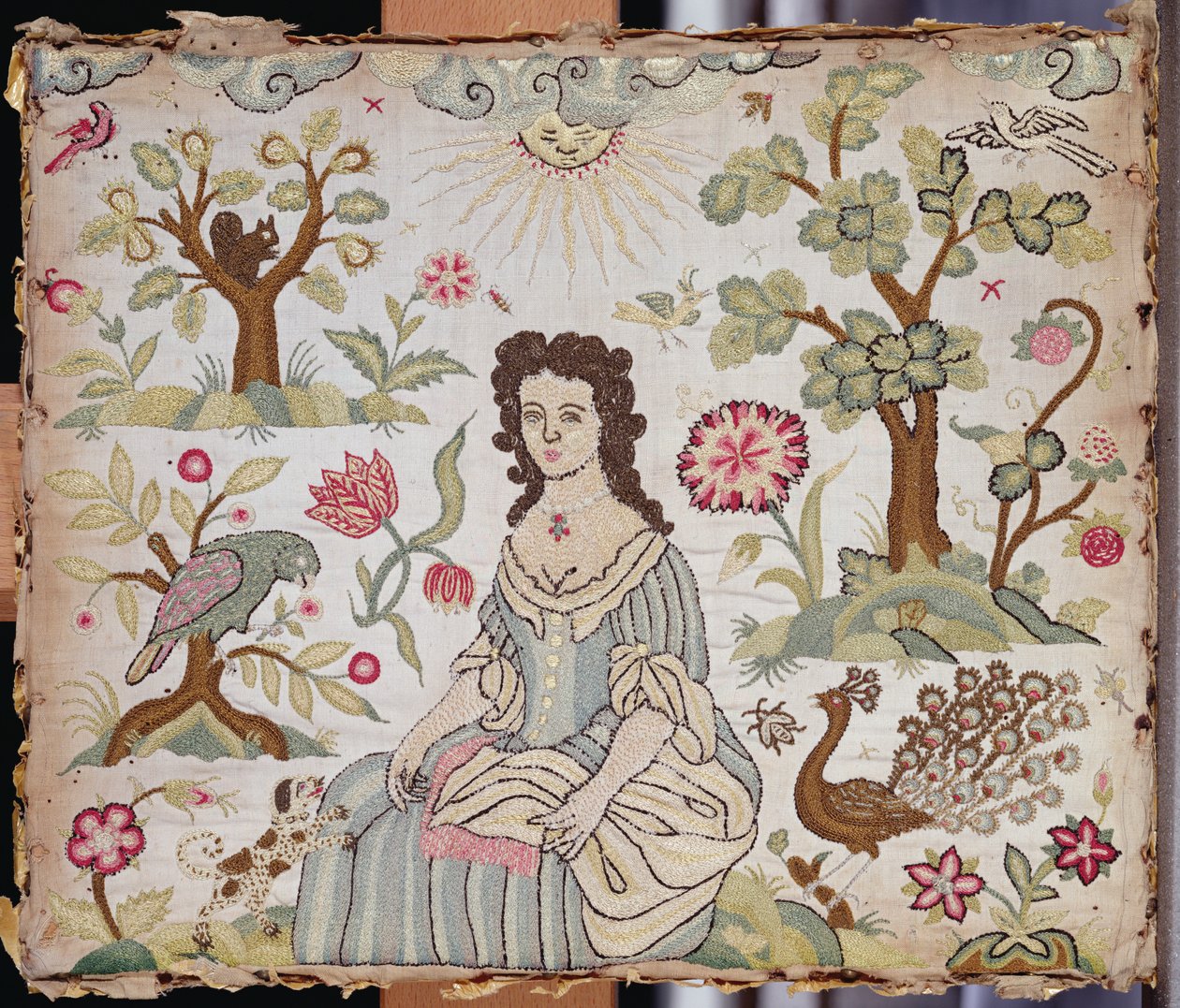 Vyšívaný panel zobrazující dámu v zahradě, cca 1700 (hedvábí) od English School