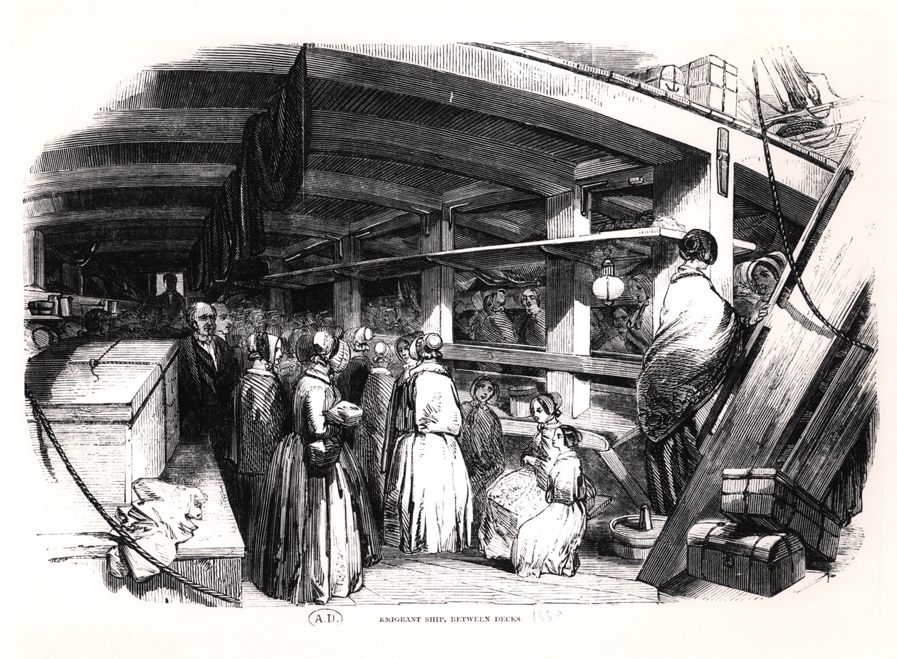 Emigrantská loď, mezi palubami, 1850 od English School