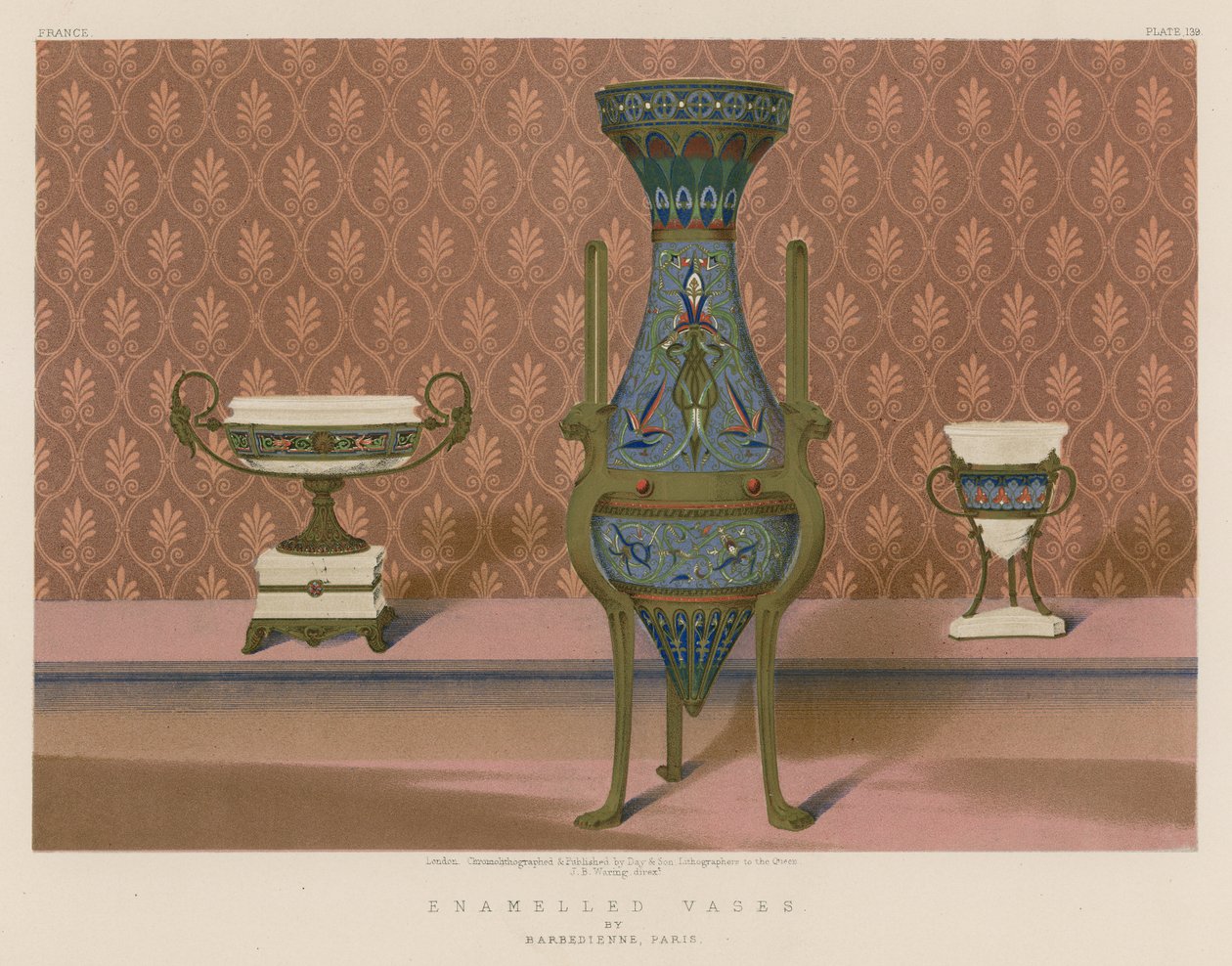 Smaltované vázy Barbedienne, Paříž (chromolit) od English School