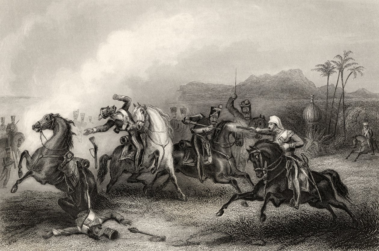 Setkání mezi Lieutenant Hills a skupinou Sepoy Cavalry, z „Historie indické vzpoury“, vydané v roce 1858 od English School