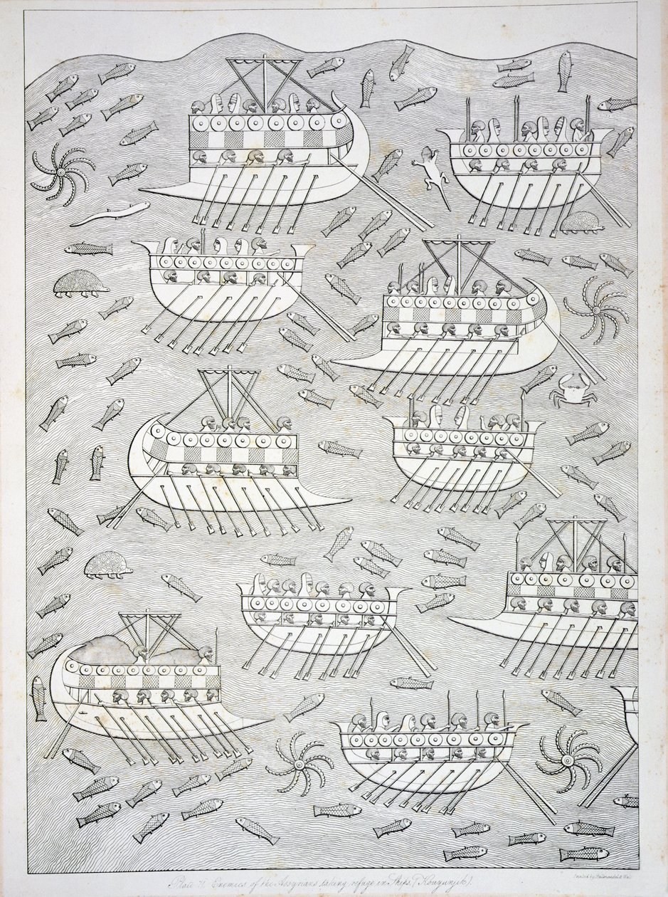 Nepřátelé Asyřanů, kteří se uchýlili do lodí, deska 71 z Ninive a jeho pozůstatky od Austena Henryho Layarda (1817-94), publikováno 1849 od English School