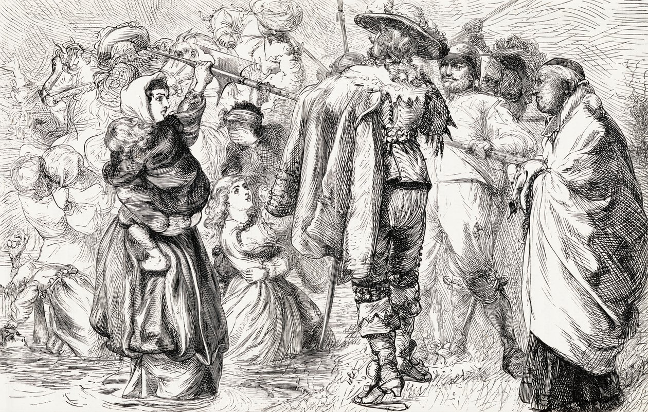 Angličtí protestanti byli utopeni irskými katolíky během irského povstání v roce 1641, kolem roku 1865 (dřevoryt) od English School
