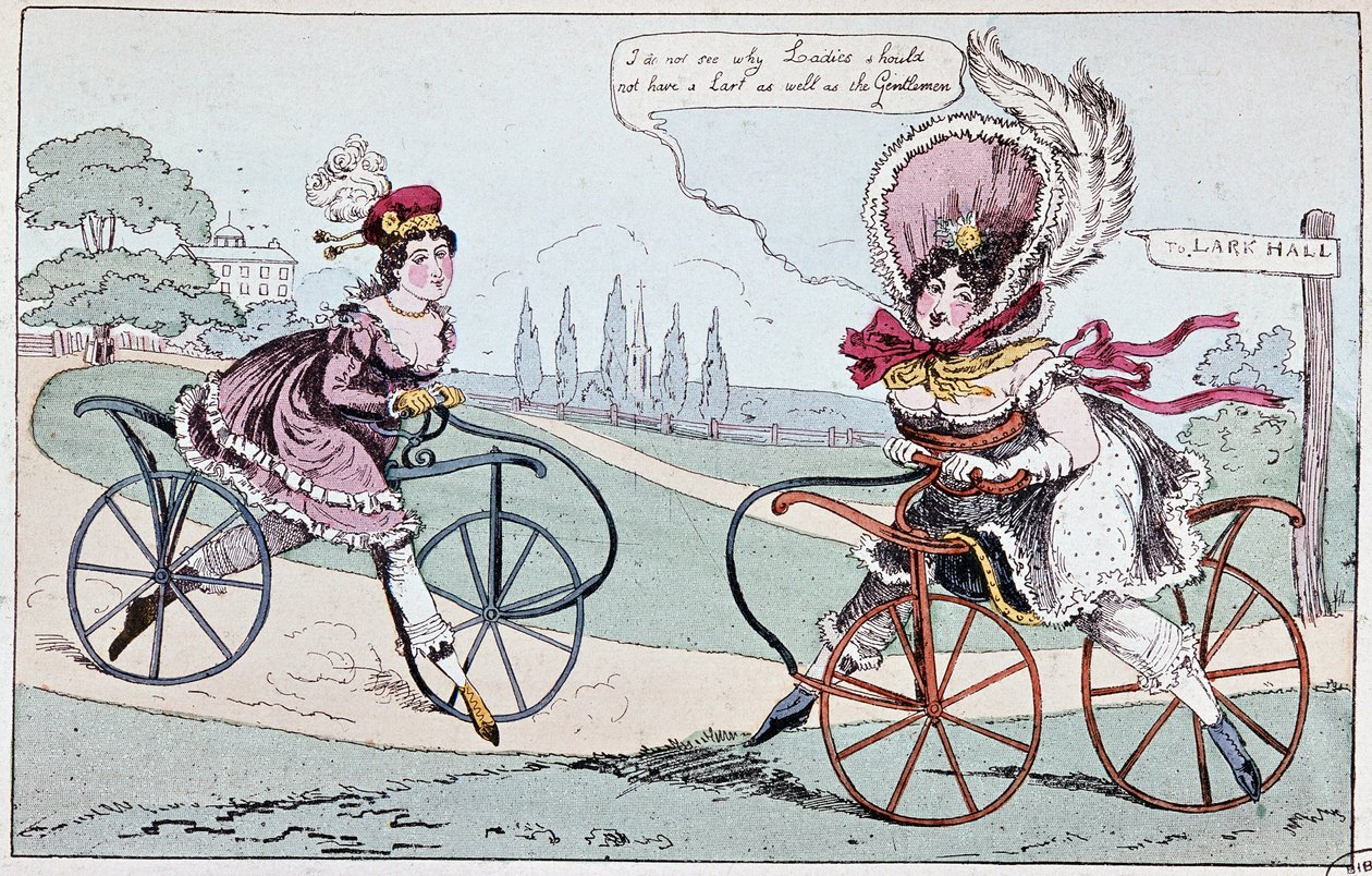Anglická karikatura o hobby koních v roce 1819 (první kola) - v „“Teoretické a praktické cyklistice““ od Baudryho de Saulniera od English School