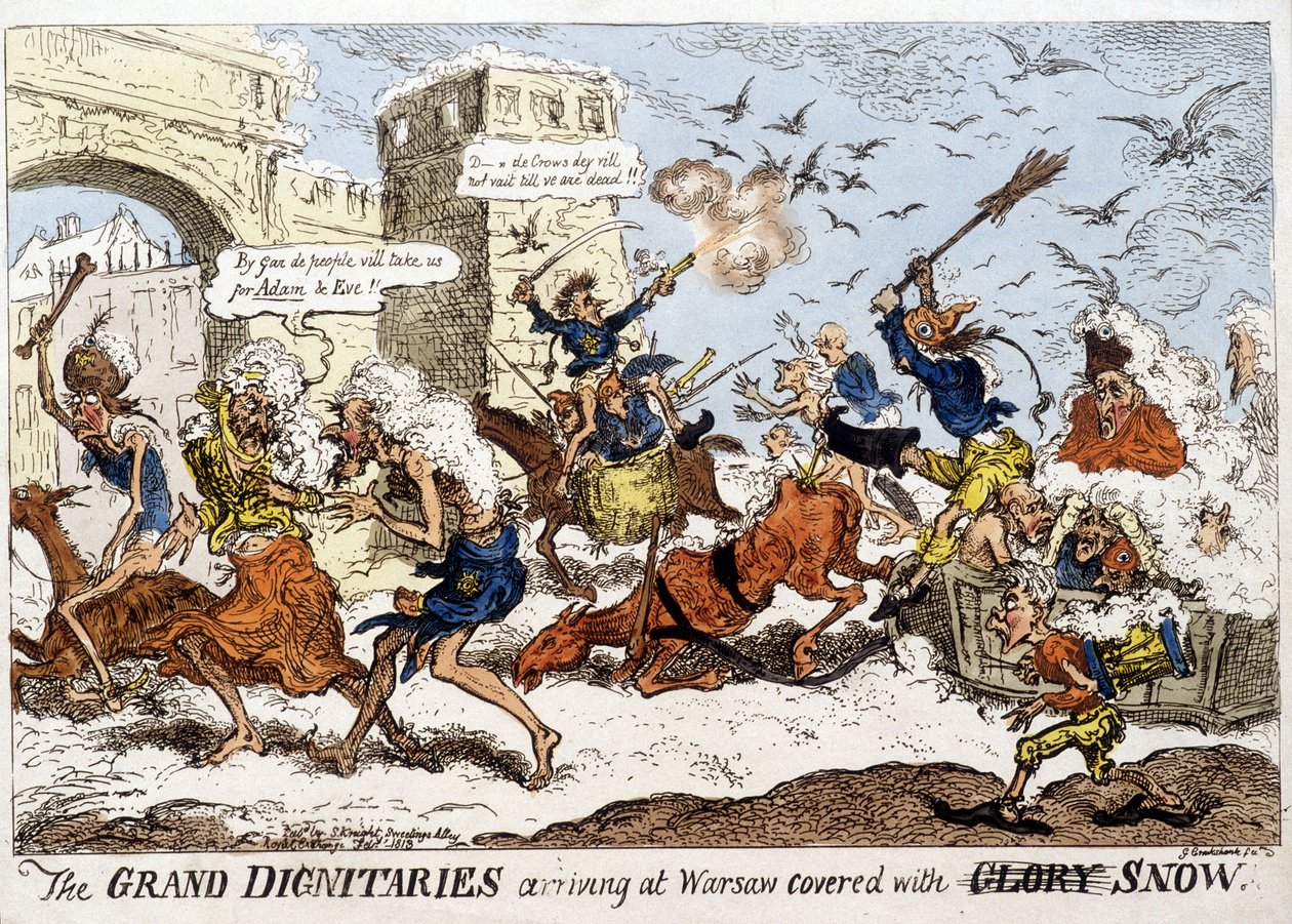 Anglický komiks o příjezdu napoleonské armády do zasněžené Varšavy po ústupu Rusů v prosinci 1812. od English School