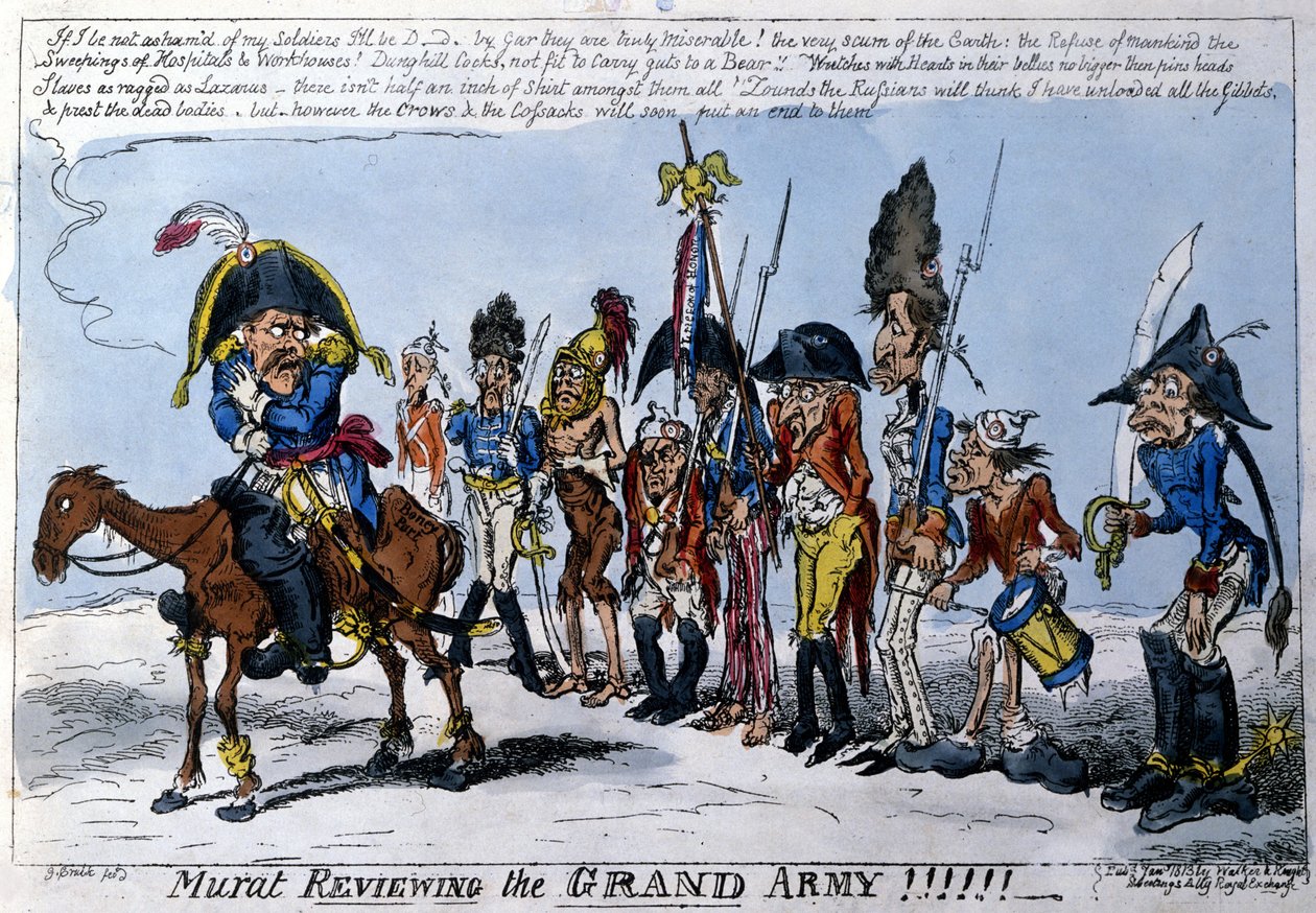 Anglická karikatura zobrazující Joachima Murata (1767 - 1815), marechala Říše v čele Velké Armee. ledna 1813. od English School