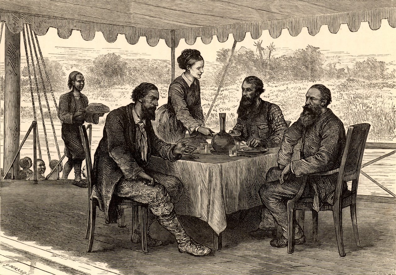 Angličtí objevitelé John Hanning Speke (1827-1864) a James Augustus Grant (1827-1892) v Gondokoro v jižním Súdánu na konci své výpravy, kde se setkali se Samuelem (1821-1893) a Florence (1841-1916) Bakerovými (rytina). od English School