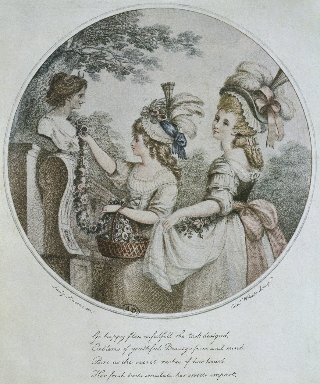 Anglické účesy, vyryté Charlesem Whitem (barevná rytina) od English School