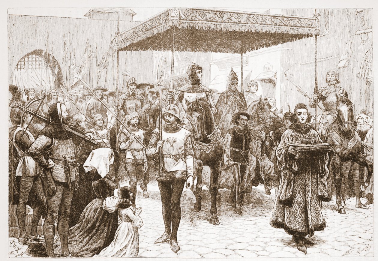 Vstup papeže Jana do Kostnice, ilustrace z Historie protestantismu od Jamese Aitkena Wylie (1808-1890), hospoda. 1878 od English School
