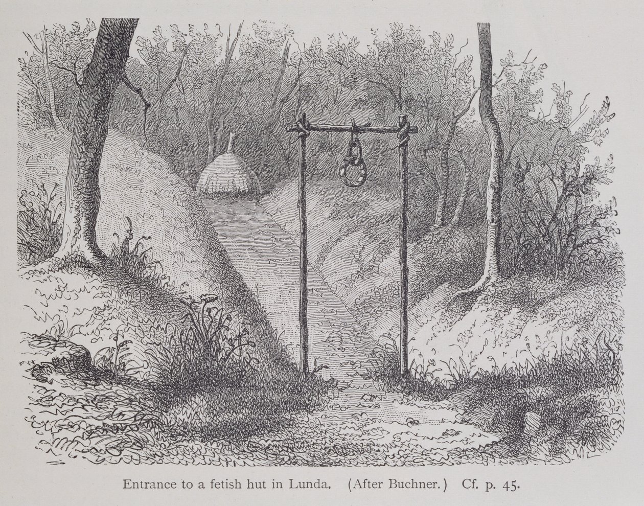 Vchod do fetišistické chýše v Lundě, z Dějin lidstva, 1. díl, autor: Prof. Friedrich Ratzel, 1896. od English School
