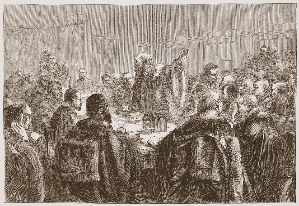 Episcopius promlouvá ke členům synodu v Dort, ilustrace z Historie protestantismu od Jamese Aitkena Wylie (1808-1890), hospoda. 1878 od English School