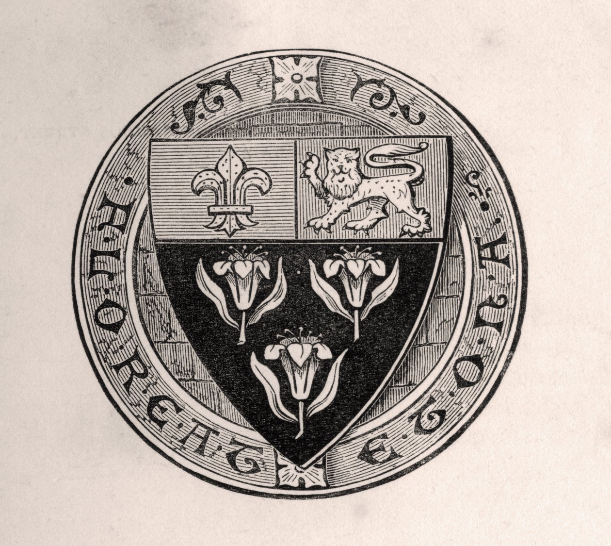 Etonský štít položený přes rondel se školním heslem, ilustrace z Memoirs of Eminent Etonians, od sira Edwarda Creasyho, vydání Londýn 1876 od English School
