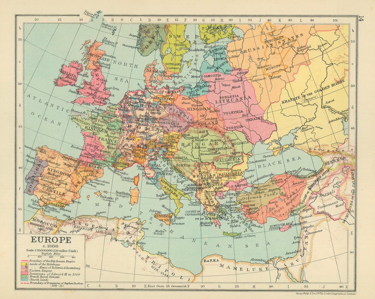 Evropa kolem roku 1360 (barevná litografie) od English School