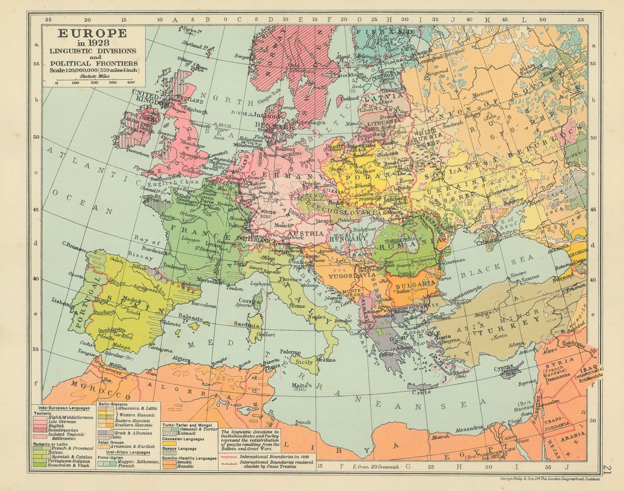 Evropa v roce 1928 Jazykové rozdělení a politické hranice (barevná litografie) od English School