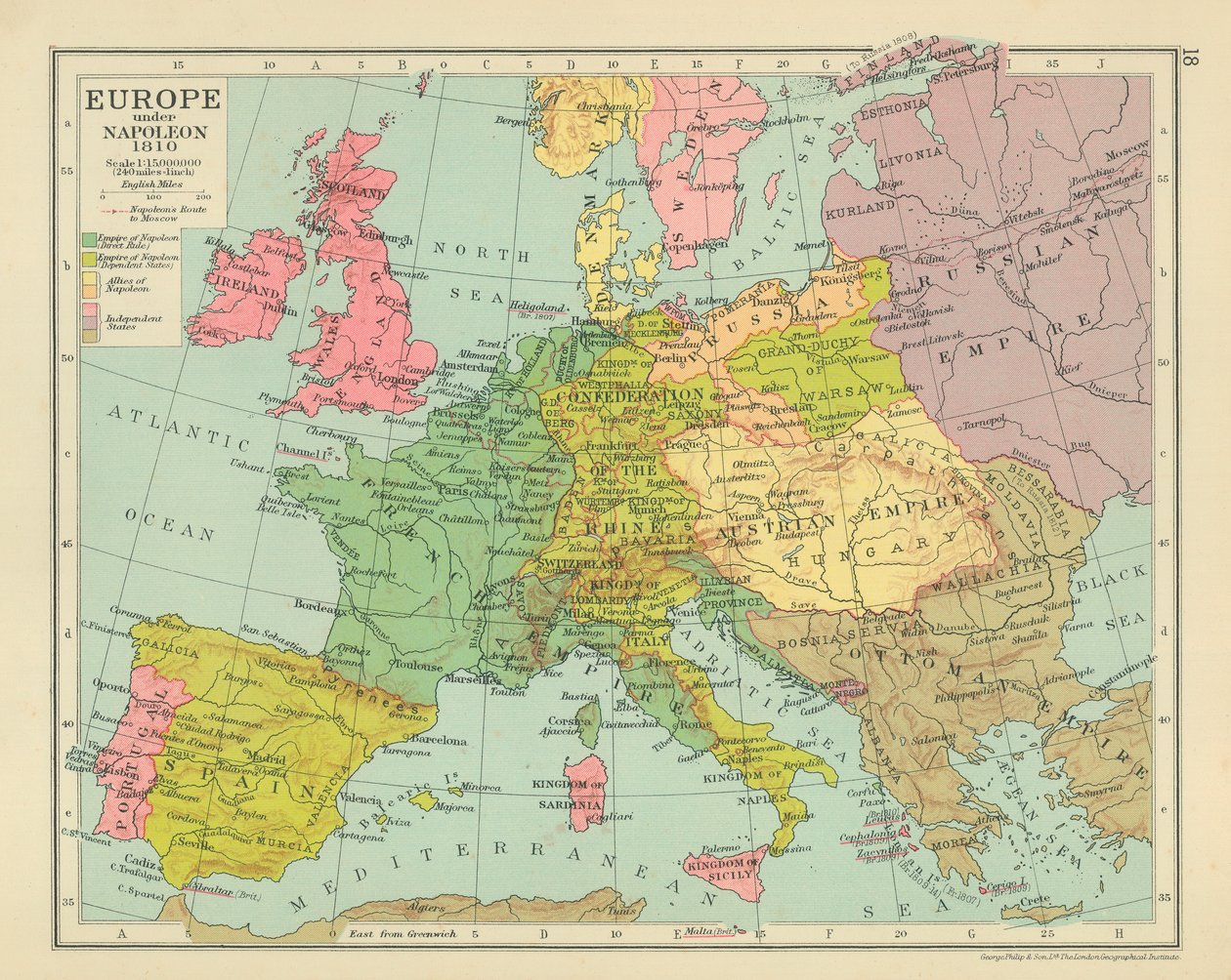 Evropa za Napoleona 1810 (barevná litografie) od English School