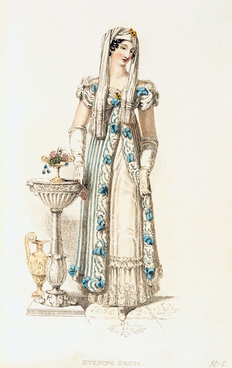Večerní šaty, módní talíř z Ackermanns Repository of Arts od English School