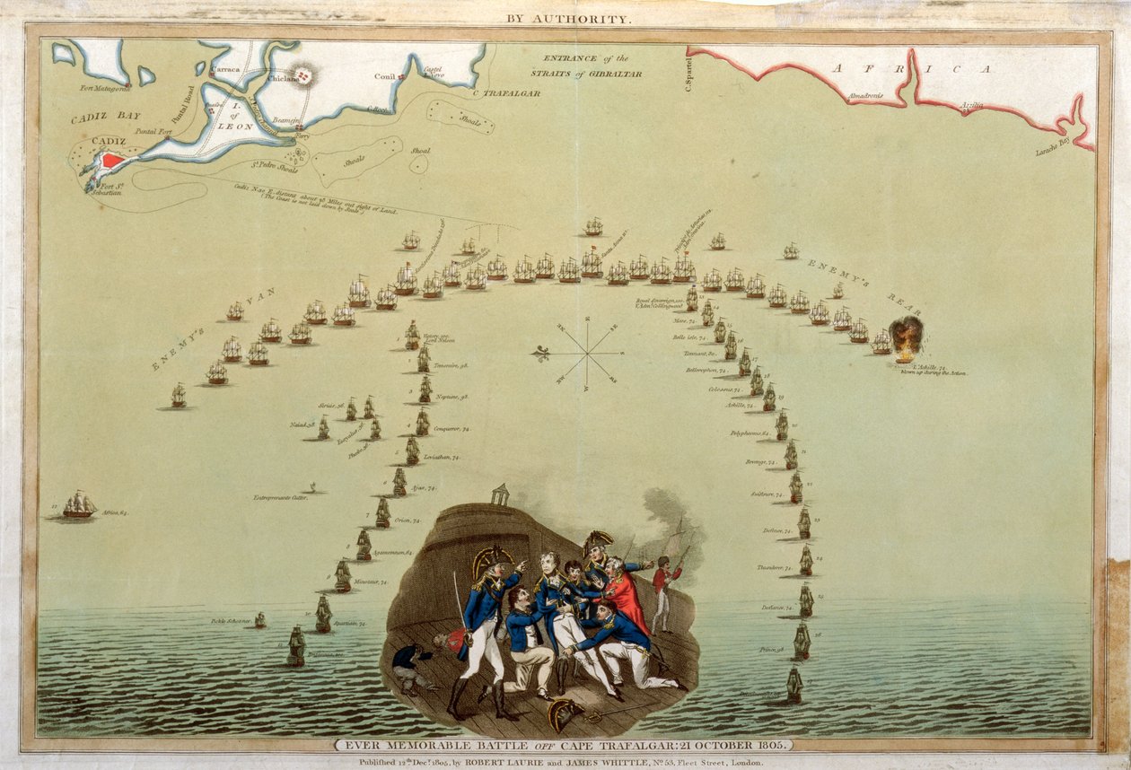 Ever Memorable Battle off Cape Trafalgar, 21. října 1805, publikoval Laurie & Whittle, 12. prosince 1805 (barevná akvatinta) od English School
