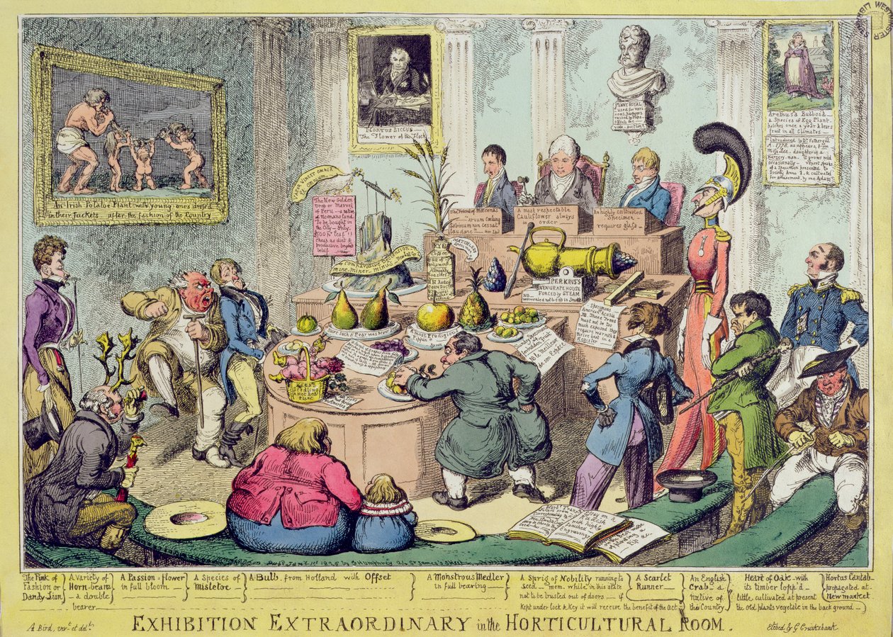 Mimořádná výstava v zahradnické místnosti, lept George Cruikshank (1792-1878), hospoda. G. Humphrey, 1826 (barevný lept) od English School