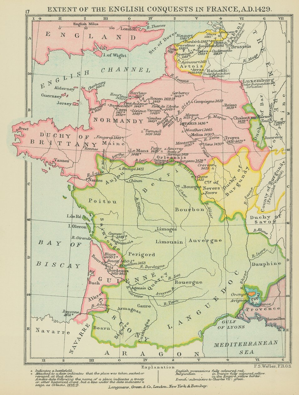 Rozsah anglických výbojů ve Francii, 1429 n. l. (barevná litografie) od English School