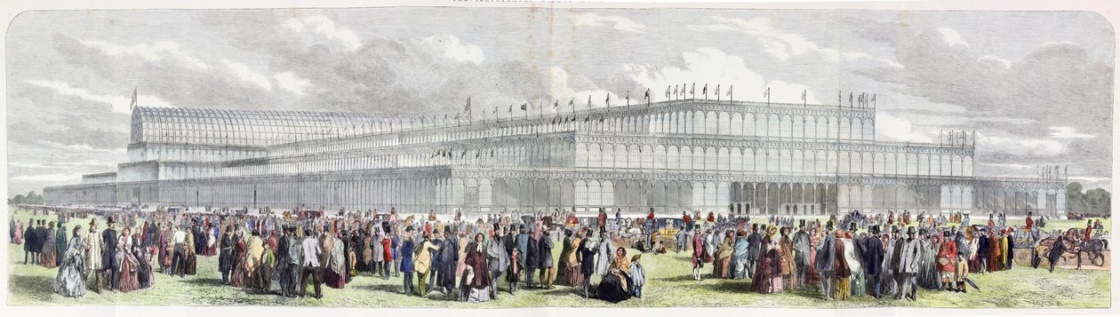 Exteriér Crystal Palace postavený v Hyde Parku pro výstavu průmyslu všech národů (barevná rytina) od English School