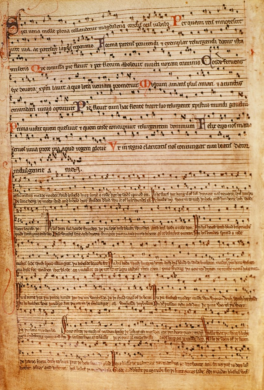 F.154v Středověká hudební notace (litho) od English School