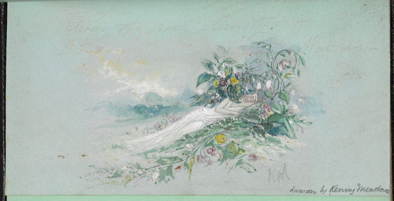 F.7: Žena mezi květinami, z „Knihy skic se scénami z příběhů Charlese Dickense“ (akvarel na papíře) od English School